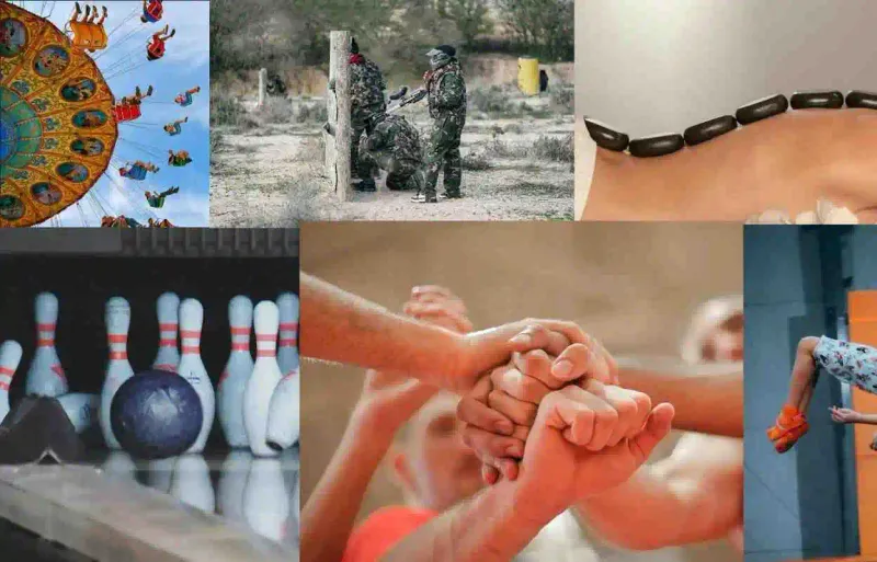 Koláž různých volnočasových aktivit - motokáry, wellness, únikové hry